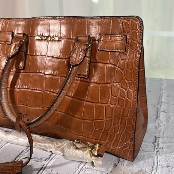 Michael Kors Dillon Satchel Croc Embossed Leather Shoulder Cognac Tan Purse Bag - Picture 16 of 16